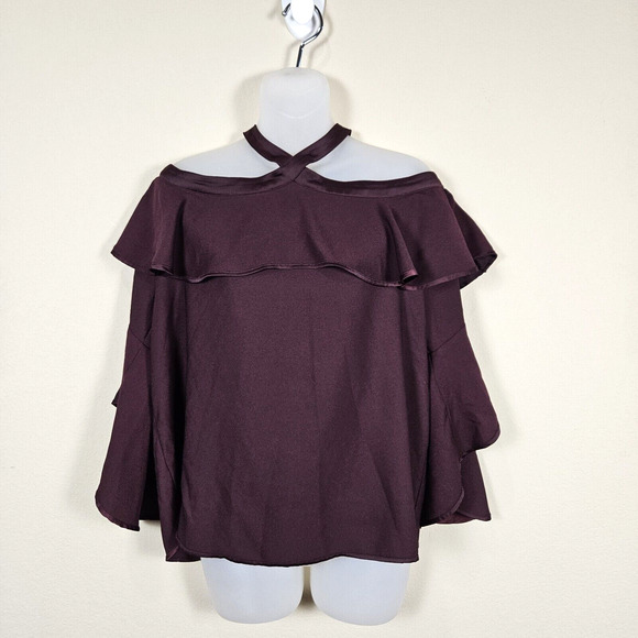 New LOFT Halter Blouse Size Medium Ruffle Off Shoulder Top Bell Sleeve Formal - Picture 3 of 13